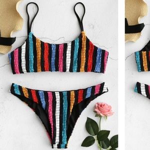 NWT Zaful colorful striped smocked bikini set